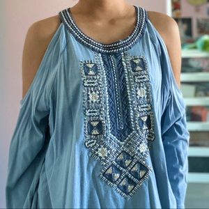 Embroidered Blue Off the Shoulder Blouse Top